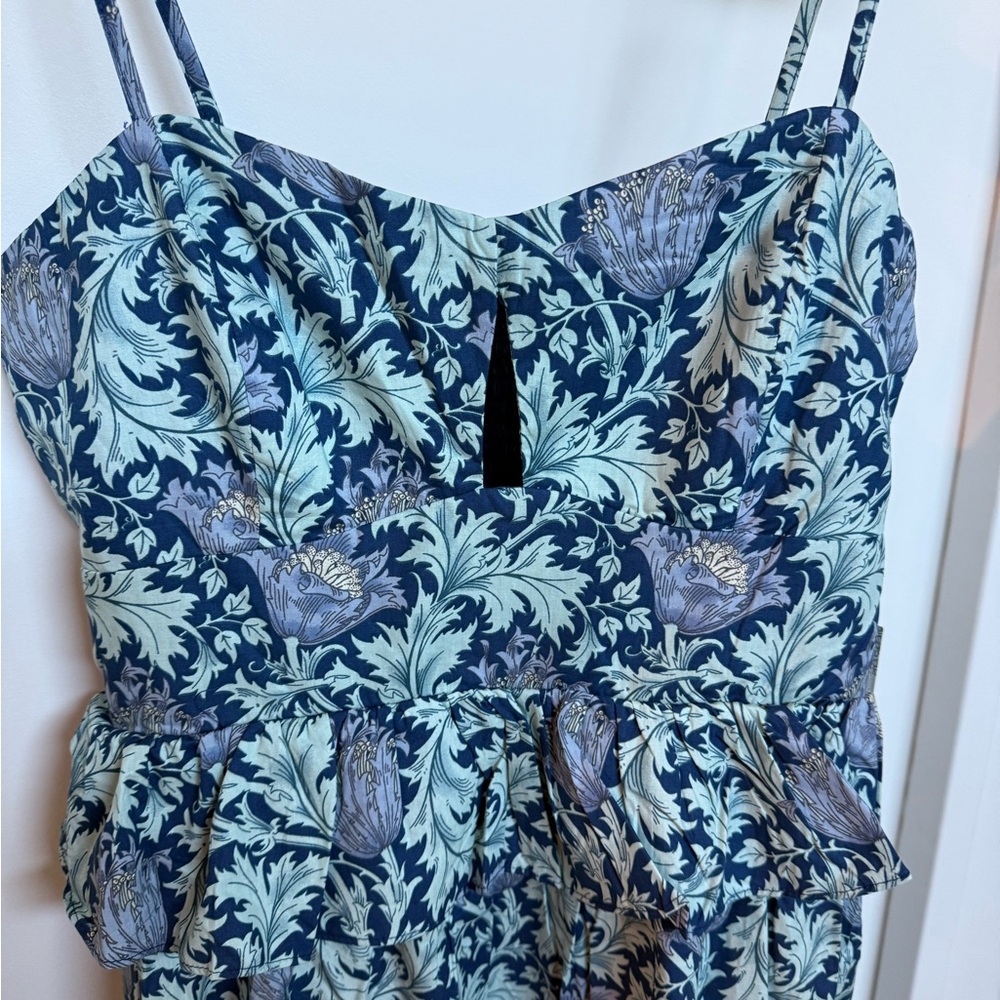 NWT Hyacinth House Blue Leafy Floral Maeve Midi Dress, size small.